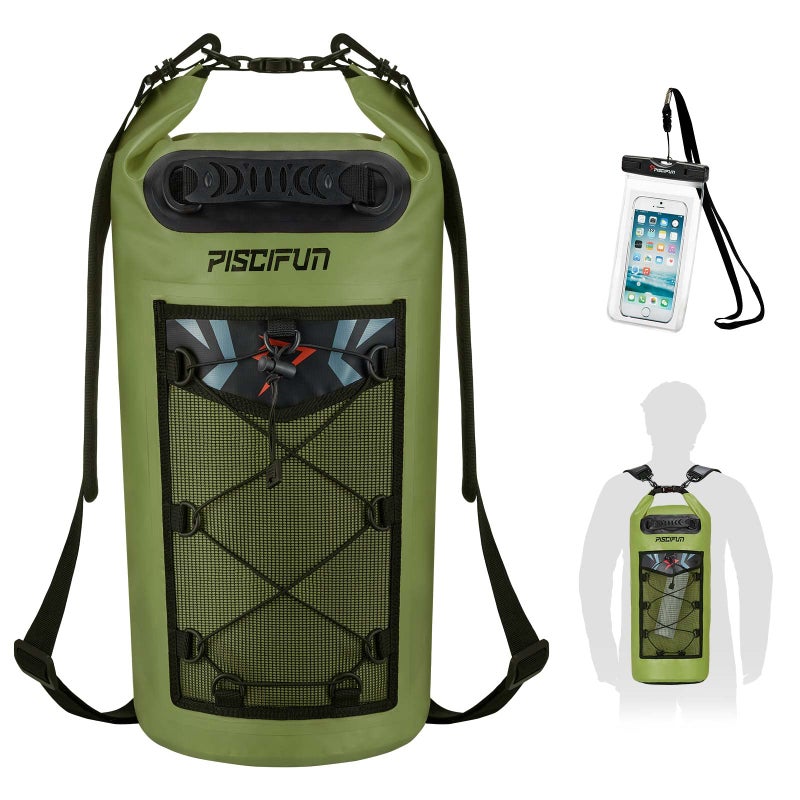 Piscifun Dry Bag, Waterproof Floating Backpack 30L with Waterproof Phone Case for Boating, Kayaking, Fishing, Army Green 30L - Image 1